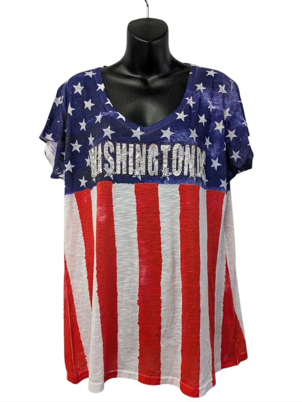 Sweet Giselle XXL American Flag Washington Sequin Bling Patriotic Shirt V-Neck